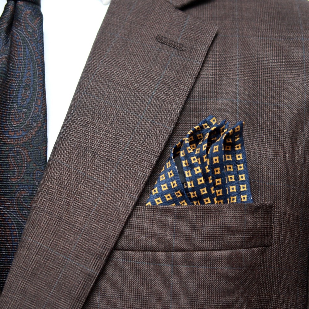 Men's Silk‎ pocket square handkerchief 12" Gold Navy Ornament